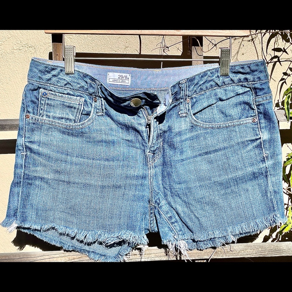 GAP 1969 cutoffs, SZ. 29/8, Mid-High Rise inseam, indigo tint w/whisker fade